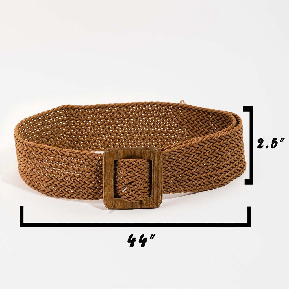 Wooden Square Buckle Wide Braided Belt 44” | Brown - Picture 3 of 5